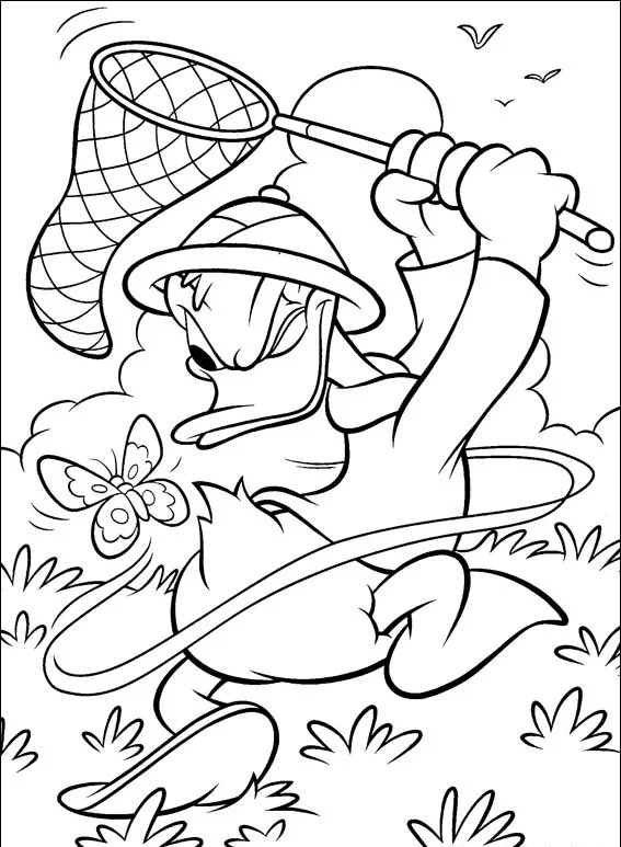 Donald Duck catches butterflies on vacation coloring page